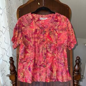 Bali Batiks hand painted women’s small red yellow beaded Hawaiian shirt top ￼